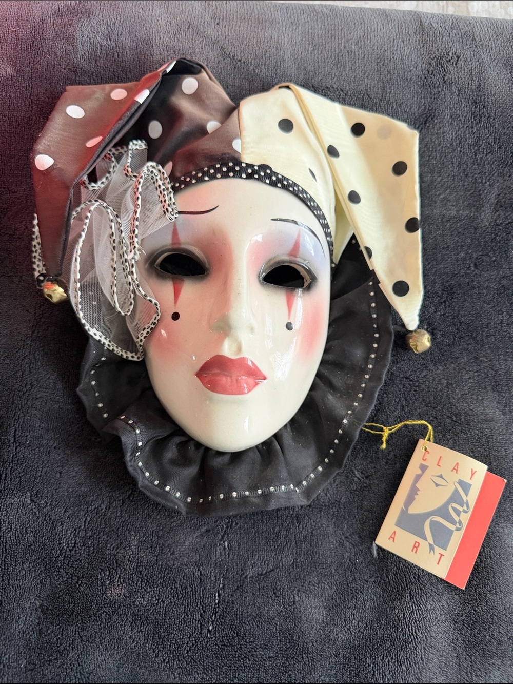 Vintage Polka Dot Harlequin Wall Mask - Black & Cream by Clay Art 1990
